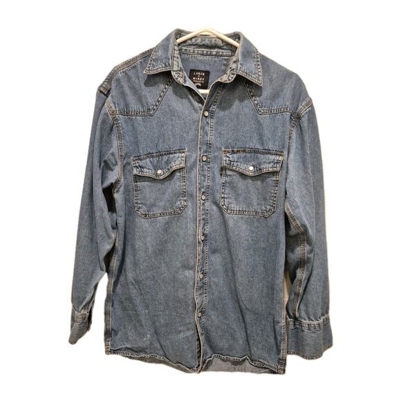 Lakin McKey Denim Western Shirt Pearl Snaps Men Medium Cotton Long Sleeves - Picture 1 of 10